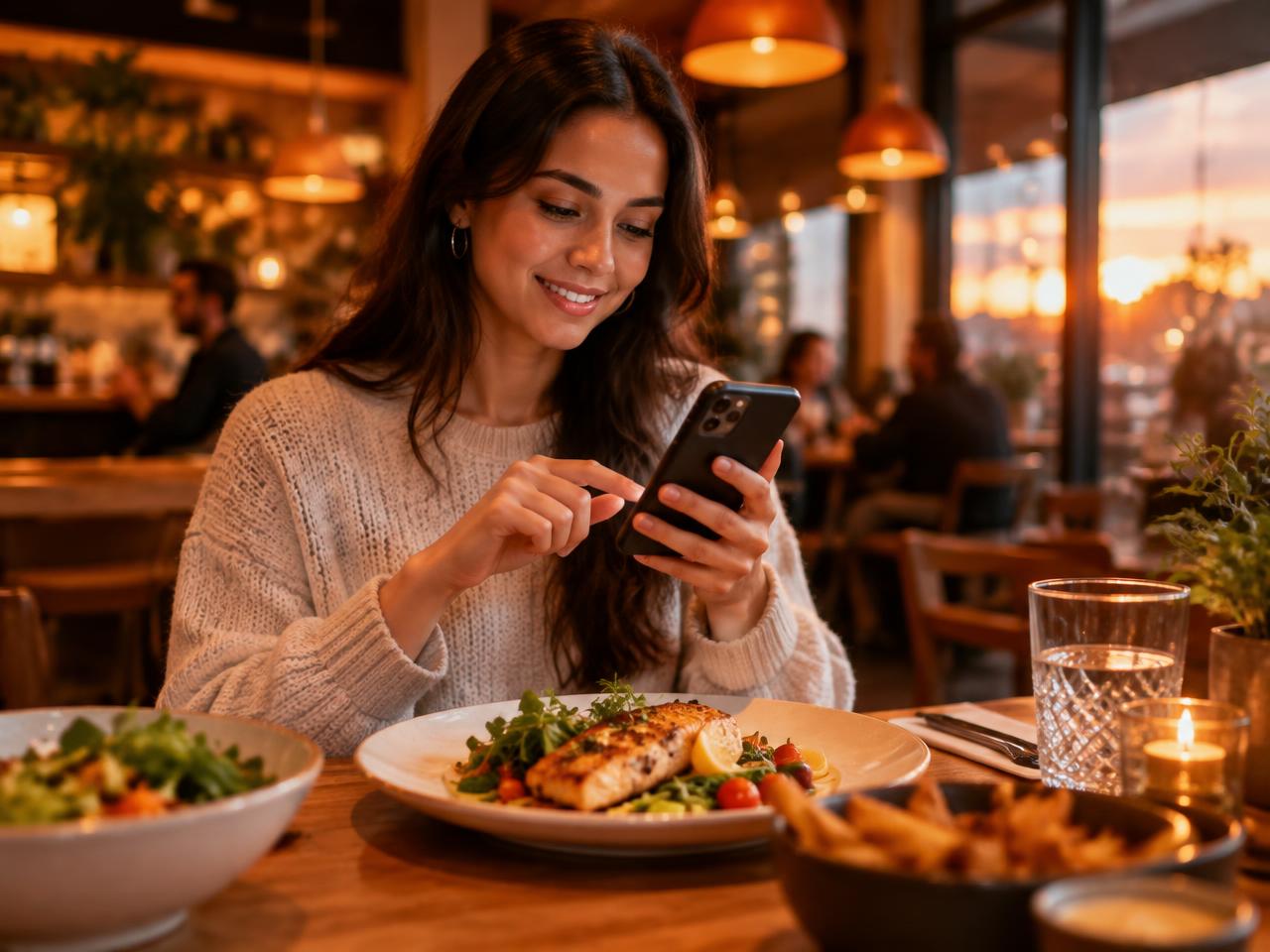 Restaurant guest using a phone at a table